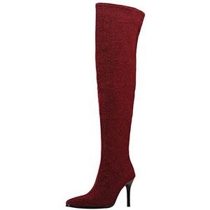 Onewus Elegante dijbeenlaarzen voor dames met bling-materiaal en stiletto-hakken, rood, 35 EU