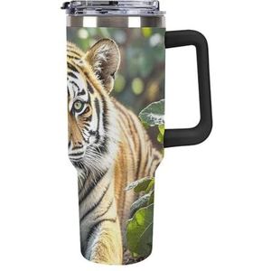 RTFGHJS 40 oz Tumbler Grote Tijger Geïsoleerde Tumbler Reizen Koffiemok met Rietjesdeksel Roestvrijstalen Waterfles Vacuüm Geïsoleerde Tumbler voor Sport Werk Auto Reizen Weekends