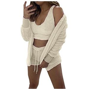 SkotO Pyjama set dames 3-delig - pyjama fleece kunstbont vest sexy korte broek verdikt warm nachtkleding pluizig winter huispak joggen homewear outfits zachte pluche slaapkleding, beige, S