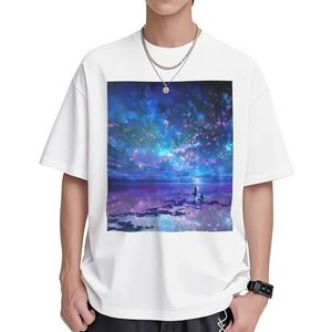 Northern Lights Print Dames Katoenen T-shirts Casual Korte Mouw Tuniek Tops Crewneck Zomer Basic Loose Fit Tee, Wit, S