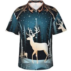 Kerstboom Herten Print Leuk Hawaiiaans Shirt voor Mannen Casual Korte Mouw Button Down Shirts Zomer Vakanties, Zwart, S