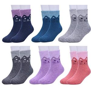 Wintersokken voor kinderen, super dikke sofe-wollen sokken voor jongens en meisjes, ronde sokken - 6 paar (kat, 1-3 jaar), Kat