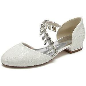 Vrouwen Ronde Neus Kant Bruiloft Flats voor Bruid Slip op Witte Trouwschoenen Avond Prom Party Bruids Flats,ivoor,36 EU