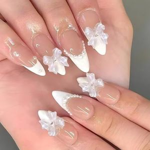 Franse kunstnagels medium, 24 stuks gradiënt wit roze Franse nepnagels, vierkant patroon, Franse nageltips met nagellijm, voor vrouwen, meisjes, nagels, kunst, Franse witte parelstrik