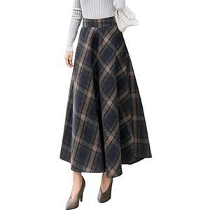 BiilyLi Vrouwen Winter Wollen Maxi Rok Elegante Plaid Warm Gestreepte Hoge Taille Casual Party A-lijn Elastische Taille Lange Rok, B Donkerblauw, XL