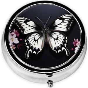 Pillendoosje met spiegel, retro pillendoos met 3 vakken, zwart en wit, vlinder, kleine pillenorganizer voor portemonnee of zak, decoratieve metalen medicijnen, vitamine-organizer, unieke geschenken