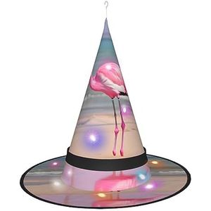 OdDdot Roze flamingo op strand heksenhoed - LED gekleurd licht, geschikt voor Halloween, Kerstmis, rollenspel en meer