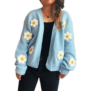 GKEIOSHQIL Dames 3D Bloemen Cardigan Trui Open Voorkant Lange Mouw Loszittende Gebreide Trui Bovenkleding,Blauw,L
