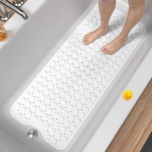 HITSLAM Antislip badmat voor bad, 101 x 40 cm extra lange douchemat, antischimmel, machinewasbare badkamer badmat met zuignappen en afvoergaten, zacht op voeten, wit