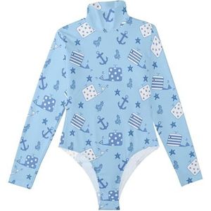 LI ZHI XIN Rompertjes met lange mouwen voor dames, eendelige jumpsuit met hoge hals, coltrui, turnpakje, top voor meisjes, dans, workout, fitness, body, oceaan, walvispatroon, Meerkleurig, S