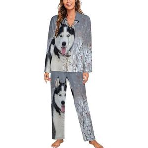 Siberische Husky Hond in Winter Lange Mouw Pyjama Sets Voor Vrouwen Klassieke Nachtkleding Nachtkleding Zachte Pjs Lounge Sets