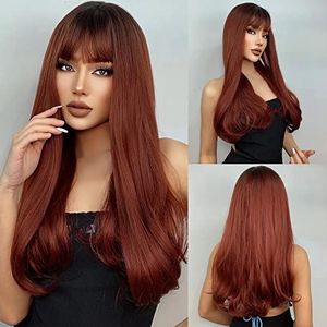 Long Red Curly Hair Synthetic Wavy Wig With Bangs, 130% Density With Baby Hair Natural Hairline Glueless Lace Frontal Wigs, 26 Inch Wig Cap For Daily Party