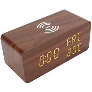 Houten Digitale Wekker 12/24 Uur 3 Dimmers Houten LED-klok met Oplaadkabel voor Thuis