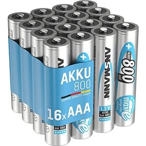 ANSMANN Accu AAA Micro 800mAh 1,2V NiMH 16 stuks voor apparaten met een hoog stroomverbruik - oplaadbare batterijen maxE - batterijen voor speelgoed, zaklamp, hoofdlamp enz. - oplaadbare batterijen