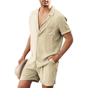 LEOCLOTHO 2-delige set voor heren, korte mouwen, 2-delig, set van T-shirt en shorts, set voor heren, linnen sets, Kaki, L