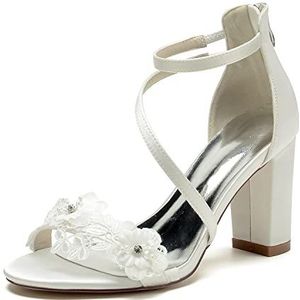 GHSIRUEU Damesschoenen Bruidsschoenen Bergkristal Bloem Versieren Comfortabele Mid Block Heel Kant Satijn Bruiloft Pump Sandalen,ivoor,36 EU