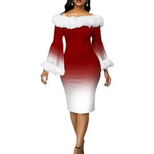 Dames Elegante Kerstjurk Rood Kleurverloop Avondjurken Een Woord Hals Oversized Jurk Winter Lange Mouw Vintage Slim Fit Feestjurk Dames Kersttrui (Color : Red, Size : L)