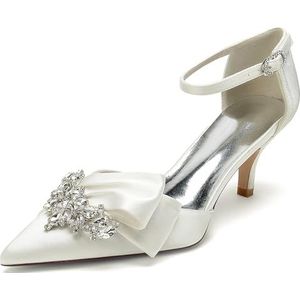 Dames Aangerichte Teen Kitten Hakken Satijnen Bruids Pumps Enkelsluiting Bruiloft Prom Party Jurk Schoenen,ivoor,36 EU