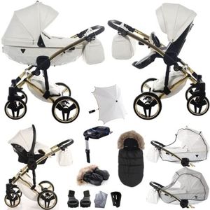 Originele Junama Diamond Individuele Kinderwagen Kinderwagen Reissysteem 2in1 3in1 4in1 + Slaapzak + Muffs + Paraplu + Originele Accessoires Exclusieve Kinderwagens (4in1 met ISOFIX Base, Wit-Goud 04)