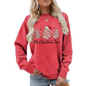 MLZHAN Oh Kerstboom Vrouwen Sweatshirt Leuke Kerstbomen Met Hoeden Sneeuw Print Merry Christmas Lange Mouw Sweatshirts, Rood, S