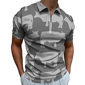 Grijs Koeien Graze Patroon Polo Shirt voor Mannen Casual Rits Kraag T-shirts Golf Tops Slim Fit