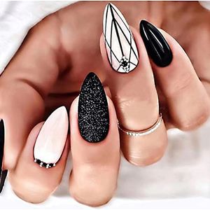 24 stuks bloem stiletto nepnagels lange, groene Franse patronen, mooie amandel voor vrouwen, acryl extra lange kunstnagels lang voor nail art zwart, glitter8