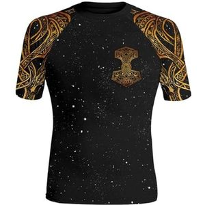 Noorse Mythologie Thor's Hamer T-shirt, Viking 3D-geprinte Tattoo Totem Voor Heren Casual Ronde Hals Korte Mouwen, Middeleeuws IJsland Verfrissend Sneldrogend T-shirt (Color : Viking A, Size : 4XL)
