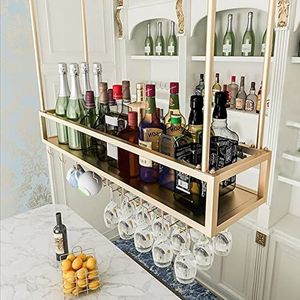 Gouden wijnflesrek Plafond hangend wijnrek Metaal, wandgemonteerde wijnopslaghouder met bekerglaswerk, decoratieplank voor bars Keukens (Size : 60x25x21cm)