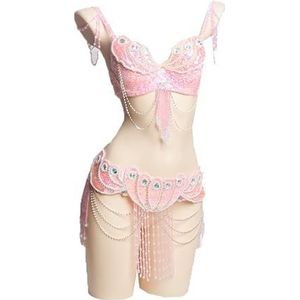 Roze,L,PONNYC Buikdansjurken Met Kwastjes Voor Dames Glanzende Buikdanspakken 2 Delig Buikdanseres Kostuums Met Kralen Heuprok Met Pailletten En Bh Halloween Carnavalsoutfit