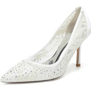 EICOFF Dames Puntige Teen Kant Bloem Bruiloft Bruids Schoenen Vrouwen Hoge Hak Stiletto Pumps Strass Slip-op Jurk Avond Feestschoenen,ivoor,35 EU