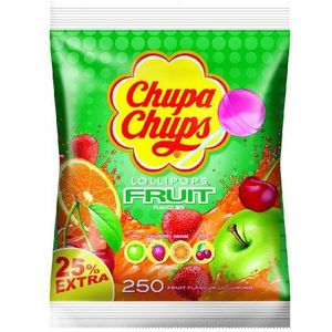 Chupa Chups Fruit lollyzak, navulzak bevat 250 fruitlolly's in 4 smaken appel, aardbeien, sinaasappel en kersen, 250 x 12 g