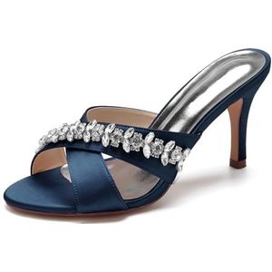 SYDZSW Ivoor trouwschoenen met naaldhak, bruidsschoenen, hoge hakken, satijn, sandaal, riem met strass, 35-42, Donkerblauw, 35 EU