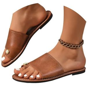 Elegante Teenspreidersandalen Met Parel Dames Slippers Met Clip-teen Platte Slippers PU-leren Slippers Zomer Peep Toe Slippers 2025 Vrije Tijd Bohemen Strandschoenen(Brown,43 EU)