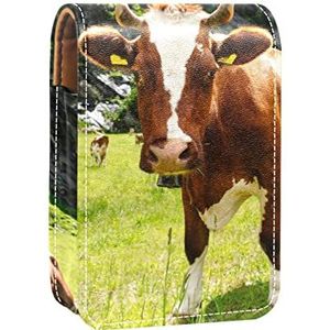 Draagbare Lipstick Case voor op reis, Mini Lipstick Opbergdoos met spiegel voor vrouwen dames, Lederen Cosmetische Pouch Koeien Grazing Green Meadows Farm, Meerkleurig, 9.5x2x7 cm/3.7x0.8x2.7 in