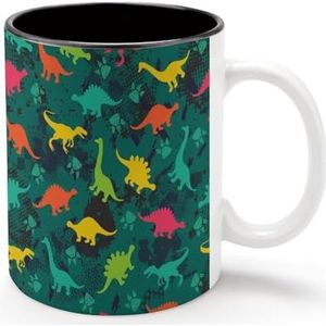 Kleurrijke dinosaurussen op groene camouflage gepersonaliseerde koffiemok koude dranken warme melk theekop zwarte voering keramiek beker met handvat cadeau voor vrouwen mannen 11oz