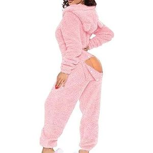 Dames Onesie Pyjama Jumpsuit Uit Één Stuk Met Capuchon, Butt Button Back Flap Thermal Union Suit Bodysuit Nachtkleding,Roze,S,HaoAMZ