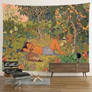 SEIBES Hippie psychedelisch tijgertapijt, wandtapijt, boho-kamerdecoratie, esthetische mysterieuze bloem, jungle, maan, landschap, bos tapijt, XL-230 x 150 cm