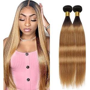 Salharer Straight Human Hair Bundles 2 Extension Machine Double Wefts 100% Unprocessed Brazilian Virgin Remy Weave Grade 8A Ombre Black to Blonde Color for Woman 32 34 Inch