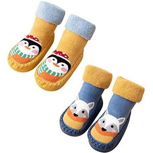 Adorel Baby Jongens Soksloffen Antislip met Badstof 2-Pak Gele Pinguïn + Blauwe Vos 19-21 EU (Fabrikant Maat 13)