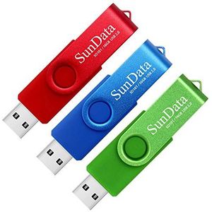 SunData USB-sticks, 16 GB, USB 2.0, 3 stuks, rotate metaal, 3 gemengde kleuren: blauw, groen, rood