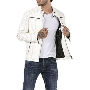 Redbridge Leren herenjack, bikerjack in zwart kunstleer - wit - Large