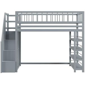 BXEYXE Hoogslaper 90 x 200, veiligheidsontwerp met hoge omheining met kledingkast, planken en opbergruimte met veiligheidsladder, multifunctioneel bed, massief houten bed, grijs