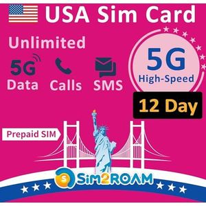 Prepaid simkaart voor in de VS, onbeperkte snelle 5G-/4G LTE-dataverbinding in de VS (inclusief Hawaï), onbeperkt bellen en SMS-en in de VS, herlaadbaar (12 dagen)