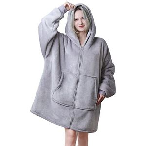 Queenshin Comfortabele Donzige Grijze Grote Deken Hoodie Volwassenen Vrouwen, Microfiber Flanel Fleece Met Sherpa Voering Deken Met Rits En Zakken