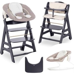 Hauck Hoge stoel Beta+ Newborn set - babystoel set vanaf de geboorte met 2-in-1 opzetstuk voor pasgeborenen bouncer, zitkussen en eetplank - Dark Grey Stretch Beige