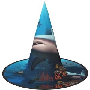 RLDOBOFE Heksenhoed onderzeeër haai koraal bedrukte tovenaarshoed unisex Halloween hoed voor cosplay feestdecoraties