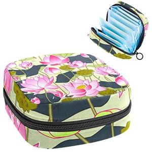 Maandverband Opbergtas,Draagbare maandverband Opbergzak,Bloeiende roze Lotus bloemen, Meerkleurig, 4.7x6.6x6.6 in/12x17x17 cm