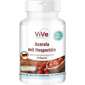 Acerola met hesperidine, 60 capsules met vitamine C, grapefruitpitextract en bittere sinaasappel-extract, hoge dosis en veganistisch, gestandaardiseerde extracten, kwaliteit uit Duitsland ViVe