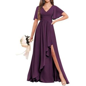 Chiffon bruidsmeisjesjurken voor dames, voor bruiloft, ruches avondgalajurken, cocktailjurken, grote maten, Pruim, 32