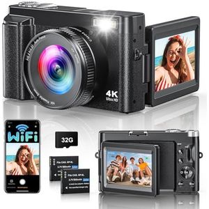 CAMKORY 4K 64MP digitale camera met wifi, 16x digitale zoom, 3-inch 180° draaibaar scherm, autofocus vlogcamera met selfie, compactcamera met 32GB geheugenkaart en 2 batterijen voor beginners